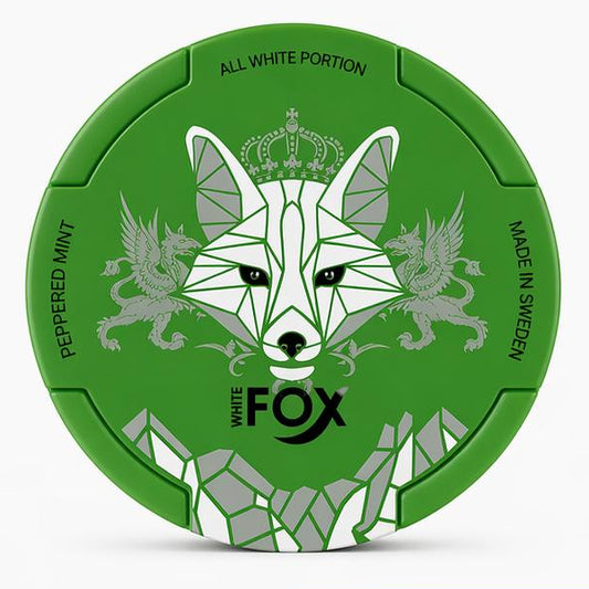 Green packaging with geometric fox design and 'White Fox' branding on a white background