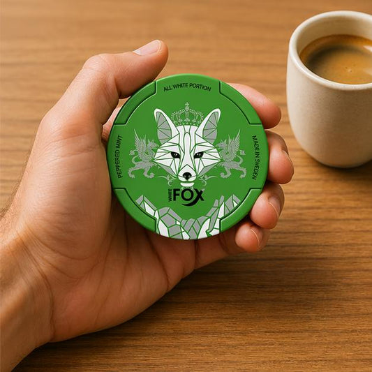 Hand holding a green container with a fox design, next to a cup of coffee on a wooden table.