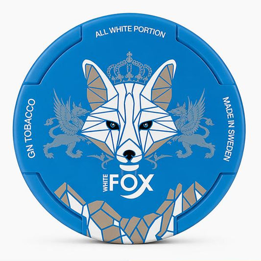 Blue packaging of White Fox tobacco with geometric fox design and Swedish branding.
